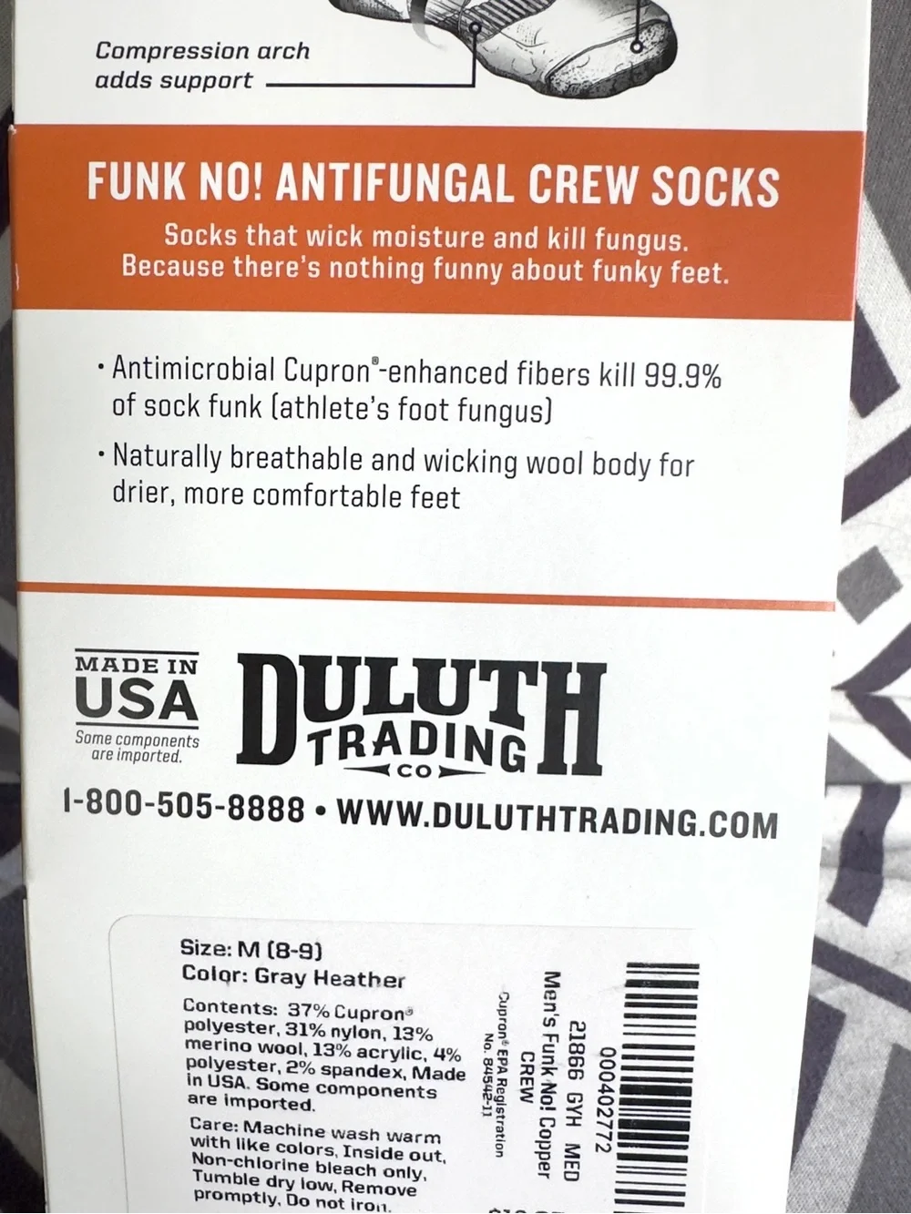 Duluth Trading Co Funk No Antifungal Crew Socks Lightweight Mens Medium 8-9 USA